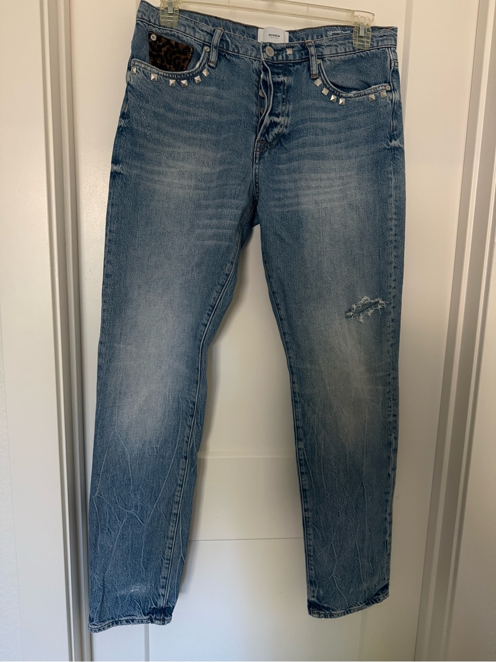 Boyfriend Jeans with Stud & Leopard Pocket - Blue